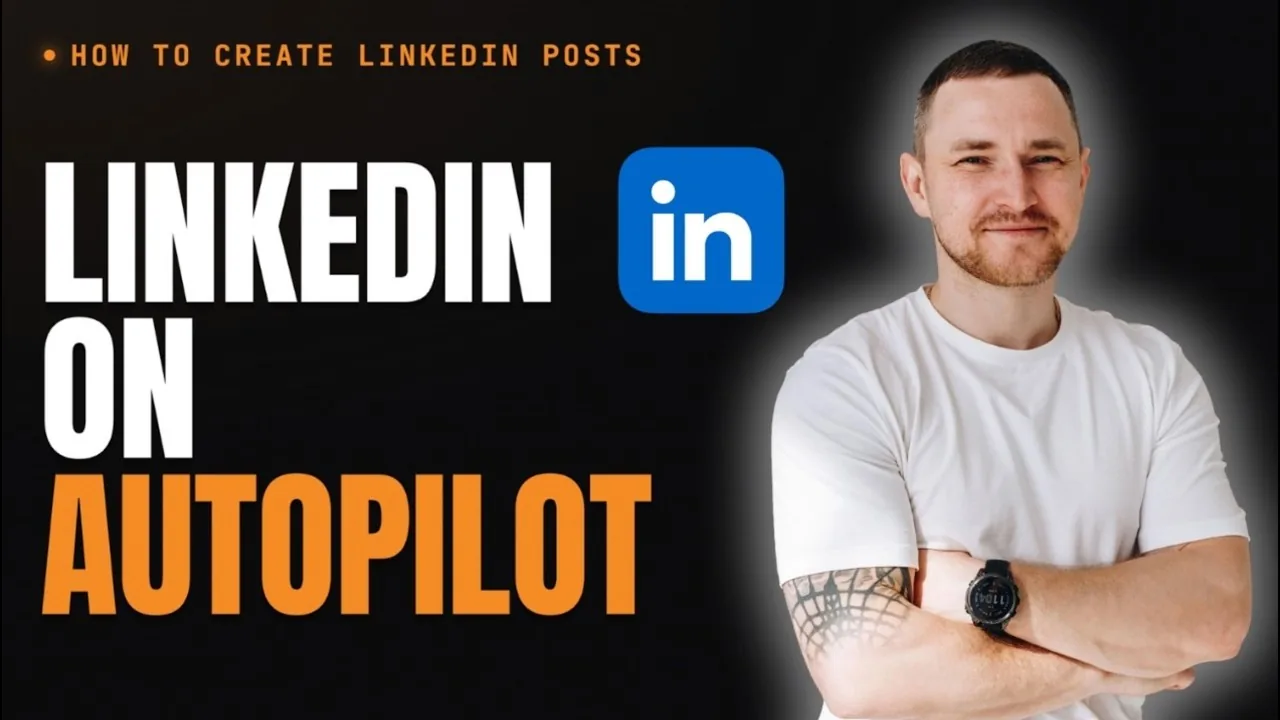 Title card reading LINKEDIN ON AUTOPILOT in white and orange with the LinkedIn logo on black, Dmitry Lambert standing arms folded beside it.