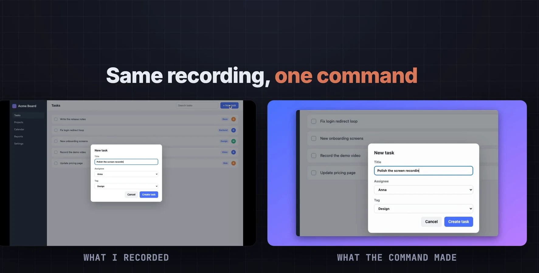 Side by side: the flat original recording on the left with tiny text, and the auto-zoomed version on a purple gradient background on the right.
