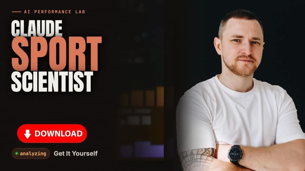 Title card reading CLAUDE SPORT SCIENTIST in white and orange on black with a red download button, Dmitry Lambert standing arms folded beside it wearing a Garmin watch.