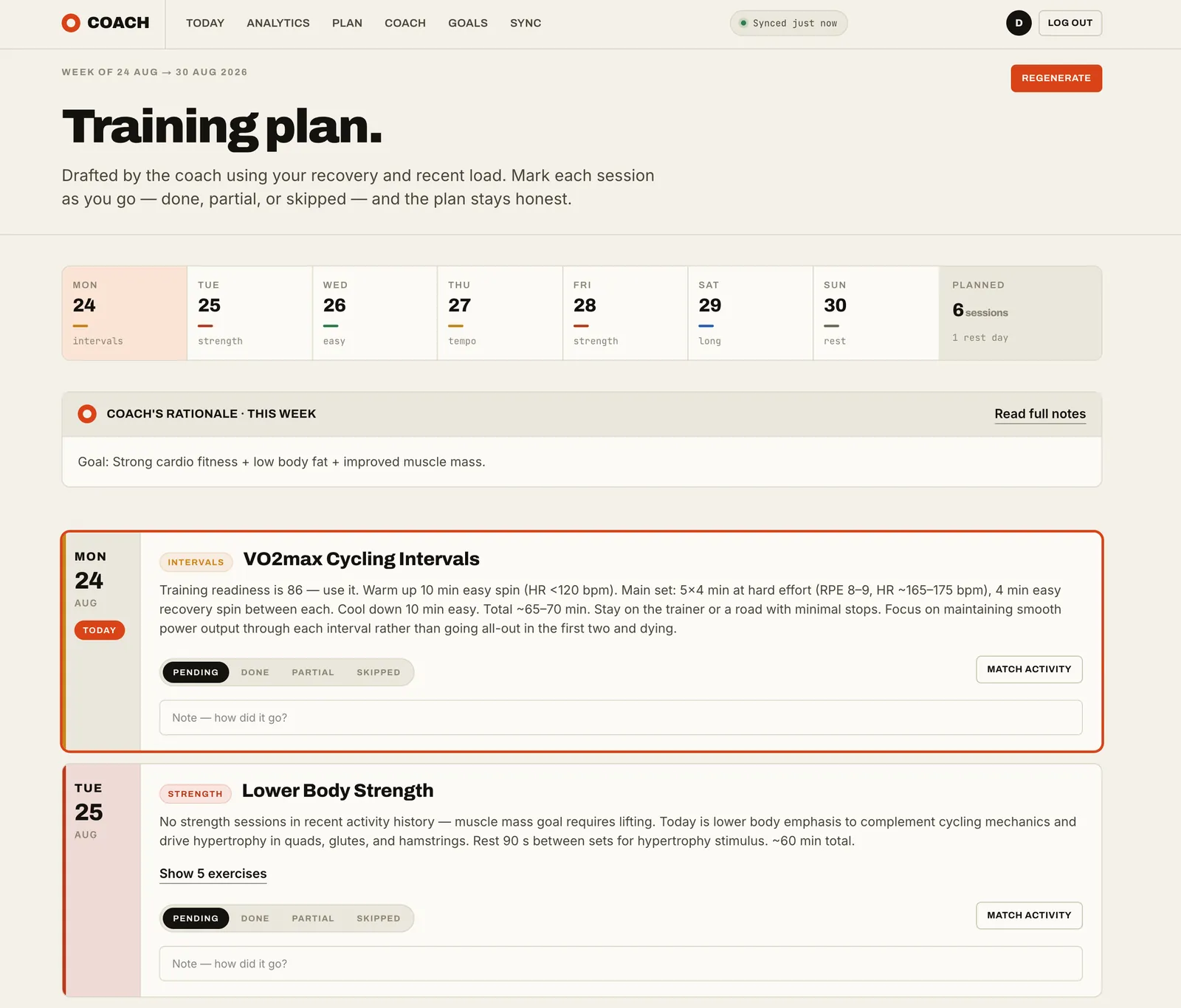 The training plan tab showing a week from 24 to 30 August with intervals, strength, easy, tempo, long and rest days, and a coach's rationale panel above the individual sessions.