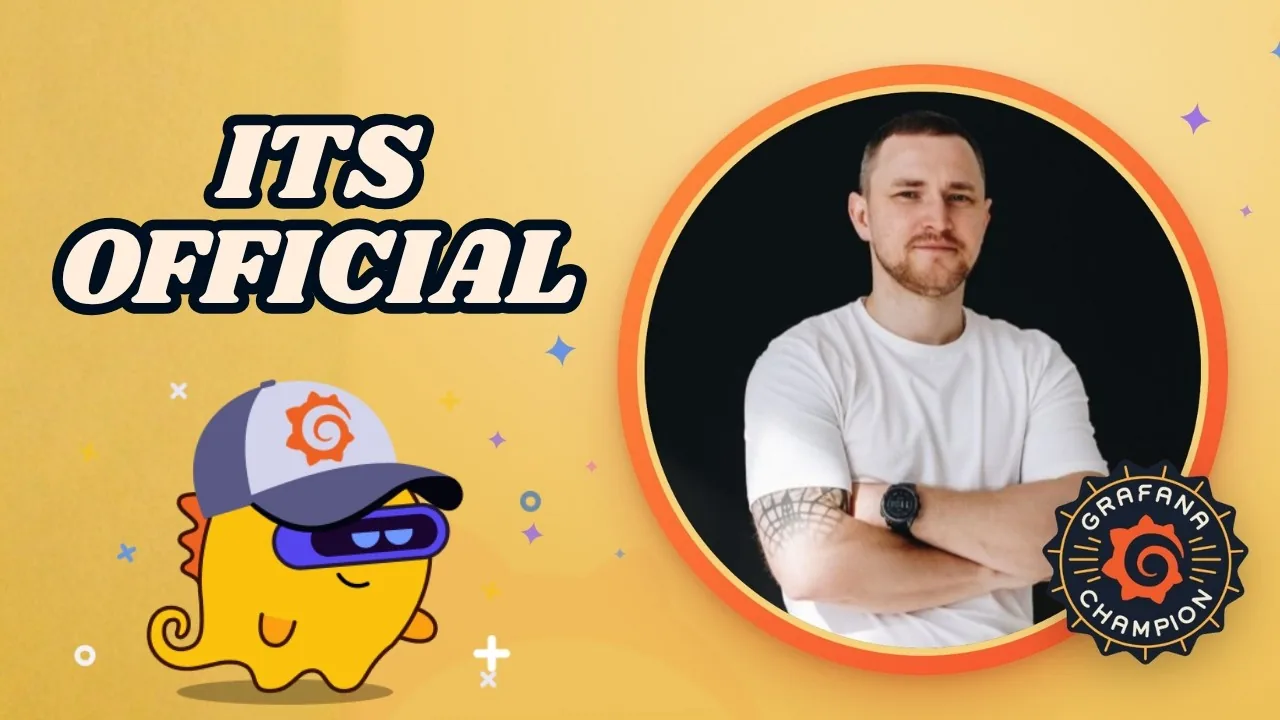 Title card reading ITS OFFICIAL in white on yellow with the Grafana mascot in a cap and sunglasses, and Dmitry Lambert beside a Grafana Champion badge.