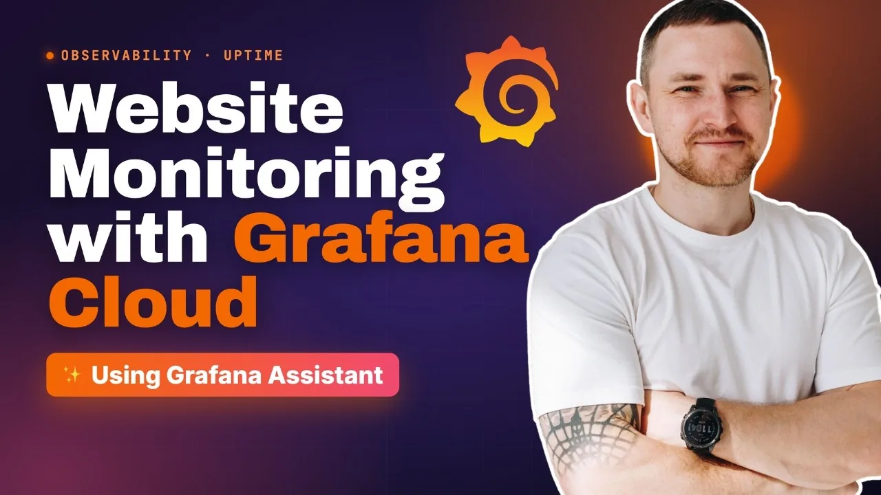 Title card reading Website Monitoring with Grafana Cloud over a purple gradient with the Grafana logo and Dmitry Lambert arms folded.