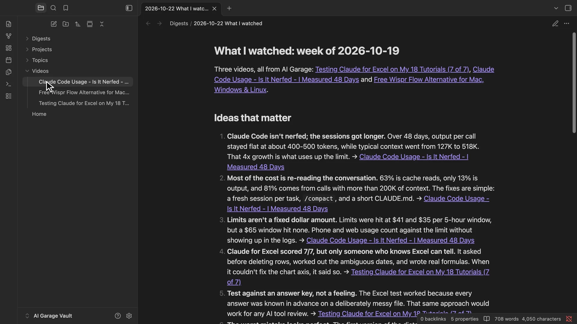 The What I watched digest note in Obsidian: three videos listed, then numbered ideas that matter most, each with a link back to the video note it came from.
