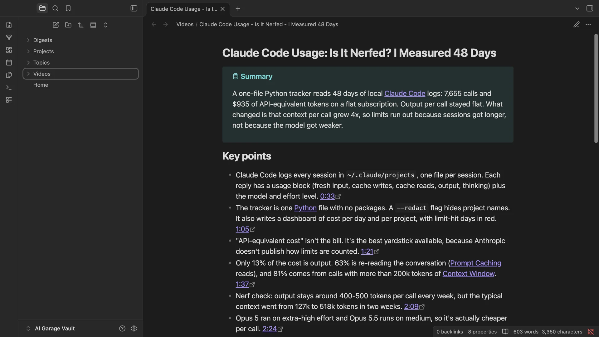 An Obsidian note written by the skill for the Claude Code usage video: a summary callout, then key points, each ending with a clickable timestamp such as 0:33, 1:05 and 1:21, with links to existing notes like Python, Prompt Caching and Context Window.