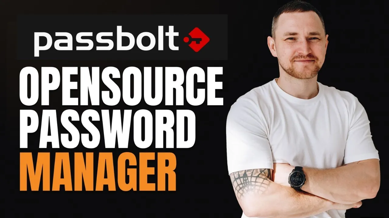 Title card reading Opensource Password Manager in white and orange on black under the Passbolt logo, with Dmitry Lambert standing arms folded.