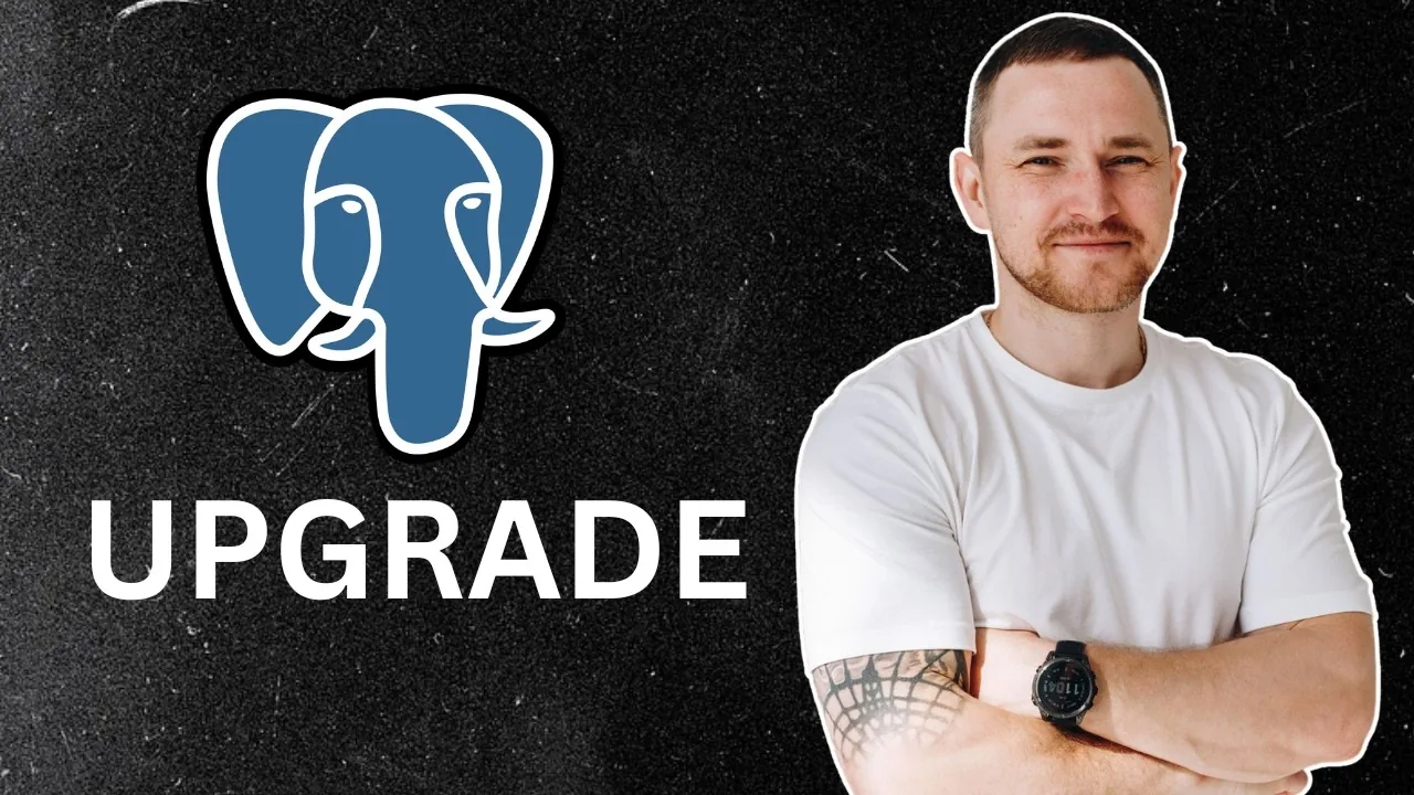 Title card reading UPGRADE with the PostgreSQL elephant logo on a dark textured background, Dmitry Lambert standing arms folded beside it.