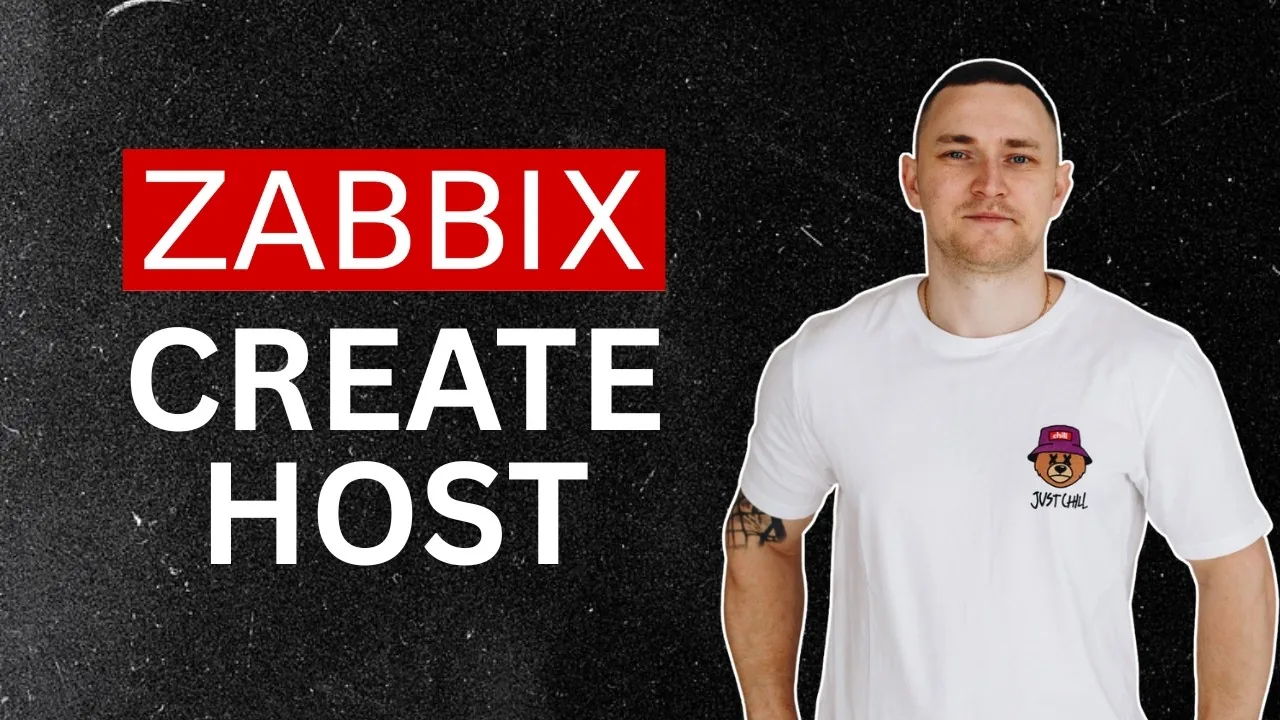 Title card reading ZABBIX CREATE HOST in red and white on a dark textured background, with Dmitry Lambert standing beside it.