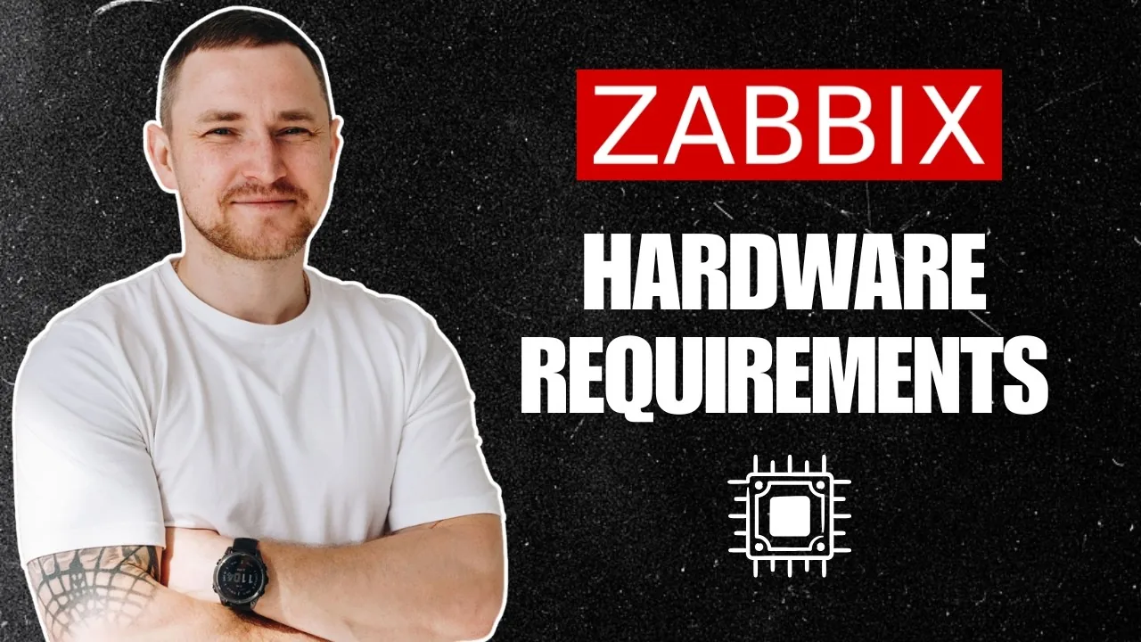 Title card reading Zabbix Hardware Requirements over a dark textured background with a CPU chip icon, Dmitry Lambert beside it.