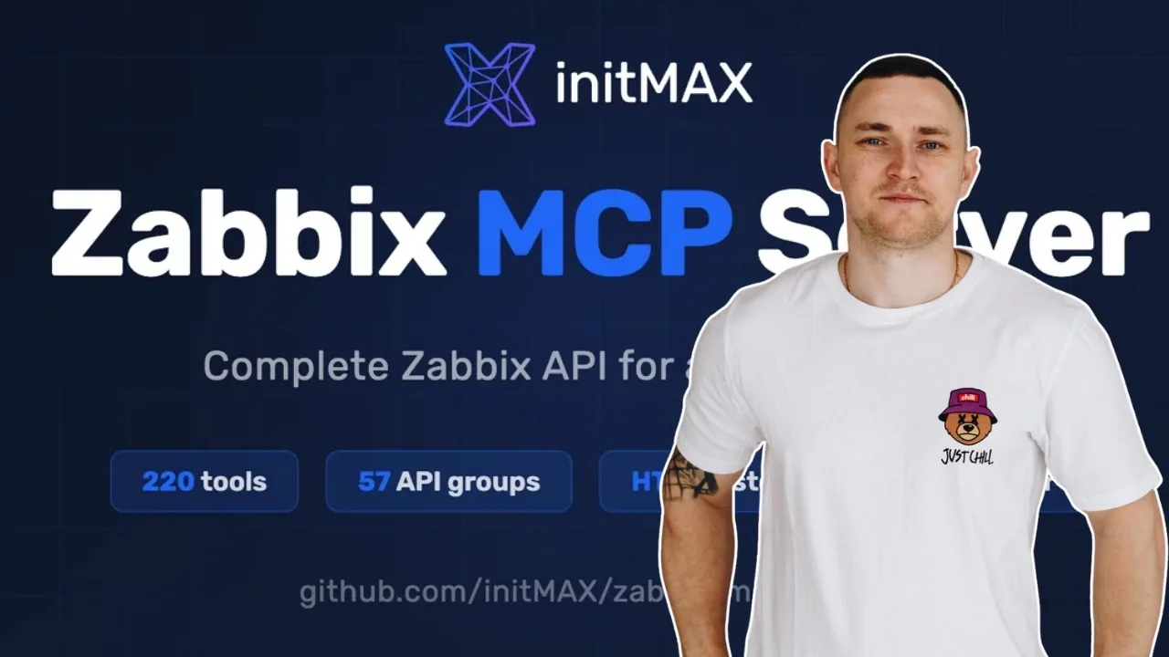 Title card reading Zabbix MCP Server with the initMAX logo and badges for 220 tools and 57 API groups, Dmitry Lambert standing beside it.