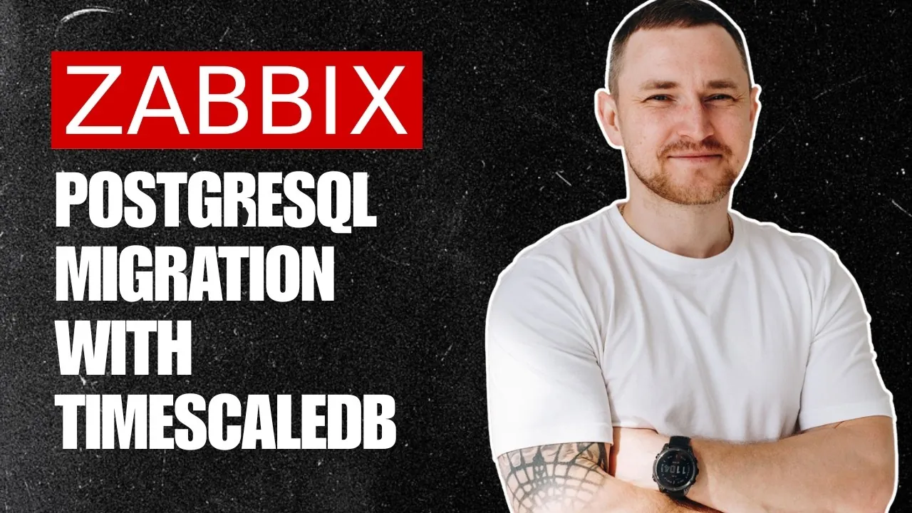 Title card reading Zabbix PostgreSQL Migration with TimescaleDB, with Dmitry Lambert standing arms folded beside it.