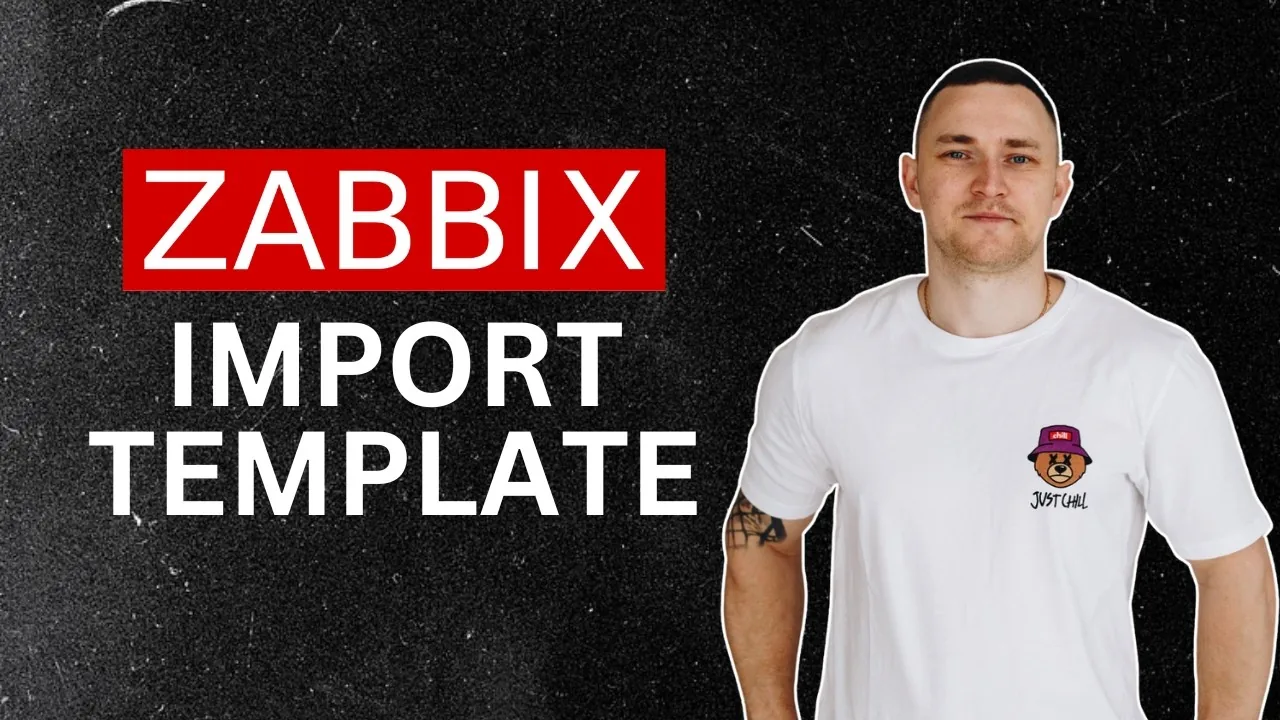 Title card reading ZABBIX IMPORT TEMPLATE in red and white on a dark textured background, with Dmitry Lambert standing beside it.