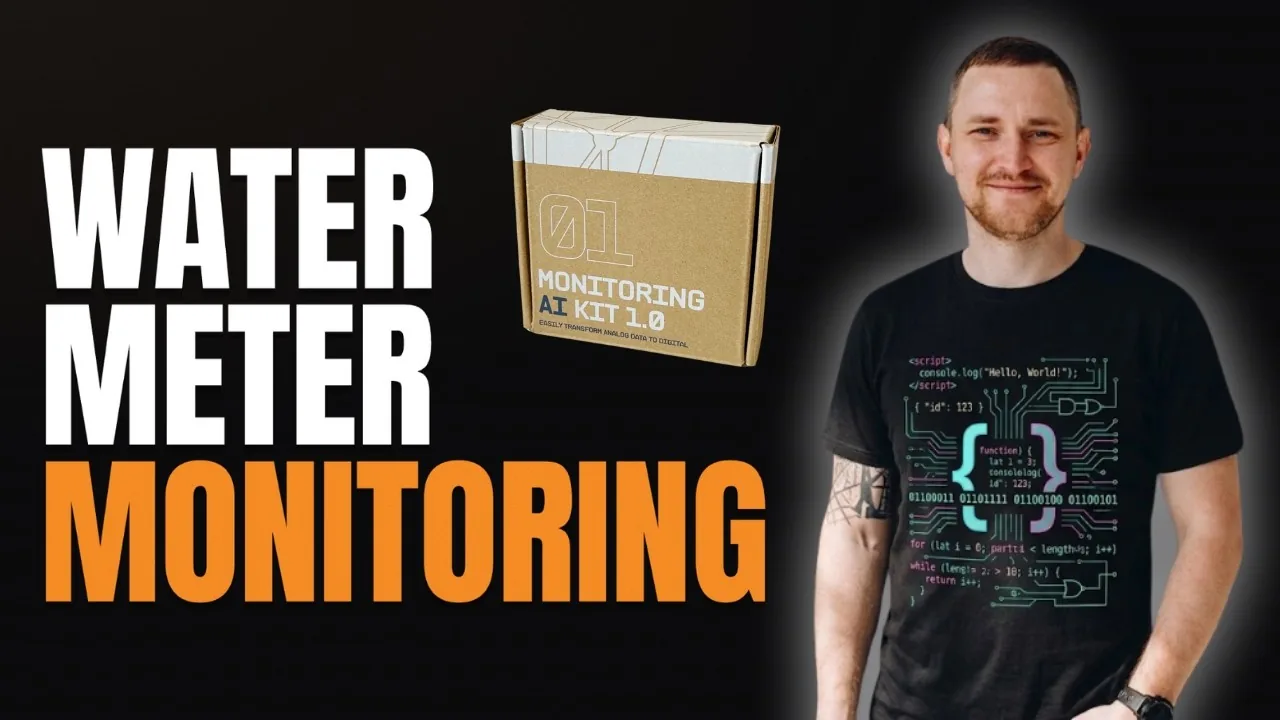 Title card reading Water Meter Monitoring in white and orange on black, with the Monitoring AI Kit box and Dmitry Lambert beside it.